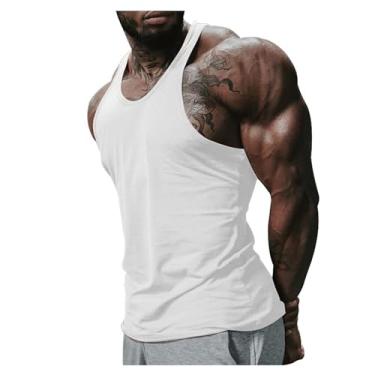 Imagem de Camiseta regata masculina, gola redonda, cor sólida, costas estilo nadador e caimento justo, sem mangas, Branco, M