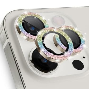 Imagem de imluckies Para iPhone 15 Pro - iPhone 15 Pro Max protetor de lente de câmera, anel individual de liga de alumínio transparente HD, película de proteção de tela traseira de vidro temperado 9H, glitter colorido