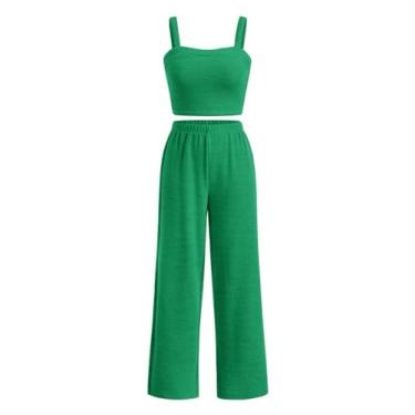 Imagem de SOLY HUX Blusa cropped feminina de malha canelada sem mangas e calça de perna larga, 2 peças, Verde liso, 10 Anos