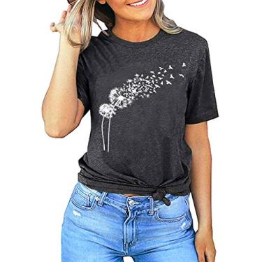 Imagem de Camiseta feminina de dente-de-leão com estampa de flores fofas verão flores silvestres blusas de manga curta, Cinza, P