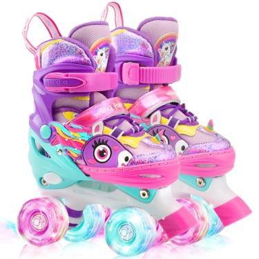 Imagem de Unicórnio infantil patins para meninas, WESKIFAN Quad Patins com rodas brilhantes e tamanhos ajustáveis patins para iniciantes presentes de aniversário de Natal (roxo, M (1~4))