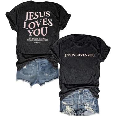 Imagem de Camisetas Cristãs Femininas Faith Over Fear Camiseta Jesus Love You Camisetas Versículo Bíblico Camisetas Inspiradoras de Manga Curta, Cinza escuro - 2t, M