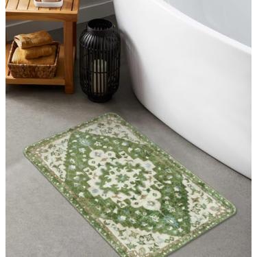 Imagem de Uphome Tapete de banheiro vintage tribal verde sálvia boho antiderrapante tapete de banheiro oriental macio lavável à máquina tapete de banheiro bonito estetico floral tapetes de banho para decoração