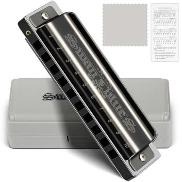 Imagem de SWAN Chave C de gaita azul para crianças e adultos, 10 buracos 20 tons diatônica chave de C Harpa Blues para iniciantes e estudantes, órgão da boca em aço inoxidável bronze preto, SW1020H-BK