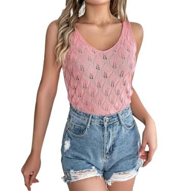 Imagem de Blusas femininas de malha com ilhós, cor sólida, sem mangas, gola redonda, túnica sexy, camisa de verão para sair, rosa, M