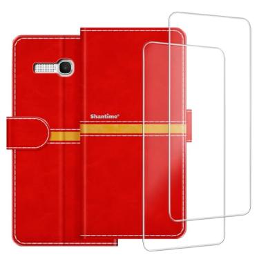 Imagem de ESACMOT Capa de celular compatível com Alcatel One Touch Pop C9 7047D + [pacote com 2] película protetora de tela de vidro, capa protetora magnética de couro premium (5,5 polegadas) vermelha