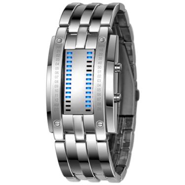 Imagem de Gosasa Relógio de pulso digital masculino LED futurista, pulseira de aço inoxidável, à prova d'água, estilo tecnológico, para uso casual e moderno, C, prata, Digital, movimento de quartzo