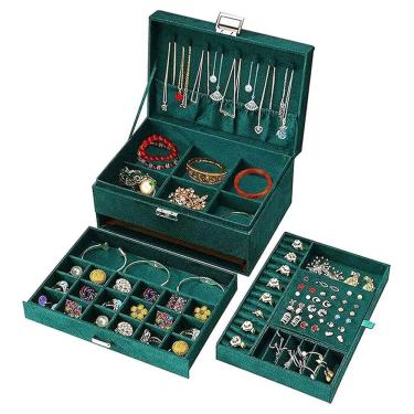 Imagem de Porta Joias Luxo Triplo Pulseira Relogio Colar Anel Brinco Chave Bijuteria Caixa Acessorios Estojo Organizador Penteadeira Acolchoado