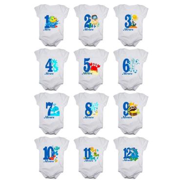 Imagem de Kit body mesversario manga curta fundo do mar 12 bodies de 1 a 12 meses