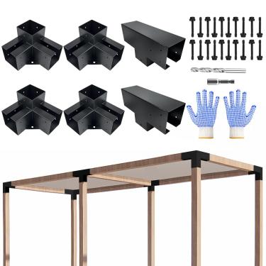 Imagem de VoTwoofv Kit de suporte de pérgola, canto de ângulo reto de 3 vias e suporte plano em forma de T para 10 cm x 10 cm (real: 8,9 cm x 3,5 pol.) Viga de madeira para gazebos ao ar livre, pérgulas de