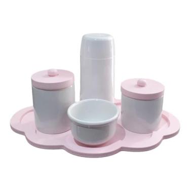 Imagem de Kit Higiene bebê porcelana branco e rosa menina maternidade potes garr