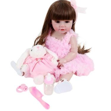 Imagem de Bebê Sweetie Reborn Vestido Rosa Coelhinho Branco Premium 55