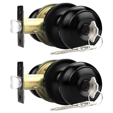 Imagem de Probrico Fechaduras de porta de entrada com chave, maçaneta interna externa com fecho, pacote com 2, fechaduras de porta de banheiro de quarto com a mesma chave, trava de acabamento preto fosco, maçaneta esférica plana
