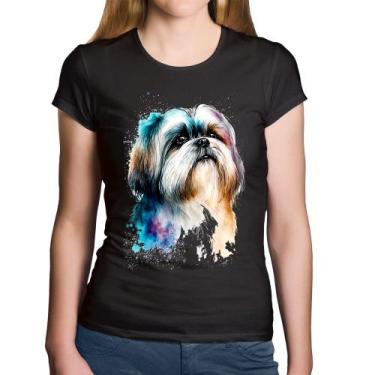Imagem de Baby Look Algodão Cachorro Shih Tzu Watercolor - Foca na Moda, Preto, 