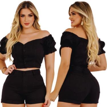 Imagem de Conjunto Jeaans Feminino Short Barra Dobrada Cropped Casual Cintura Al