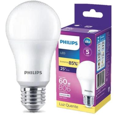 Imagem de Kit 2 Lampada Led Bulbo Philips 9w Branco Quente 3000K E27, 100V - 240