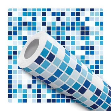 Imagem de Papel De Parede Vinílico Pastilhas Tons Azul E Branco Cozinha Banheiro