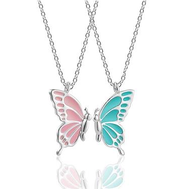 Imagem de Lavifinac Colar BFF para 2 borboletas amizade melhor amigo colar combinando pingente Forever Bestie colares rosa e azul borboleta longa distância presentes de aniversário para mãe filha mulheres, Aço