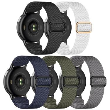Imagem de Kollody Pacote com 5 pulseiras de relógio de nylon elástico compatíveis com Garmin Vivoactive 5/6/Forerunner 55/165, pulseiras esportivas ajustáveis de tecido elástico macio de 20 mm para Garmin Venu