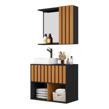 Imagem de Gabinete Armário Banheiro 2 Portas C/Cuba E Espelheira Ripado Verdadeiro Mali (Preto/Nature)