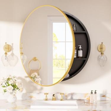 Imagem de TETOTE Armário de remédios dourado com espelho redondo armário de remédios espelho para banheiro 71 x 71 prateleiras ajustáveis moderno organizador de banheiro com prateleiras montado na parede