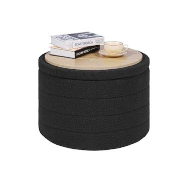 Imagem de PINPLUS Otomano de armazenamento, otomano redondo de veludo com bandeja, banquinho removível de armazenamento, mesa de centro otomana para sala de estar, quarto, dormitório (cinza escuro)