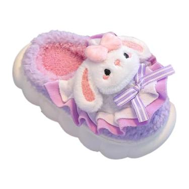 Imagem de YIJU Pantufas infantis, pantufas de inverno, forro de pelúcia, macias, novidade, fofas, desenho animado, com laço, sapatos para casa, chinelos para quarto, Roxo 24 a 25