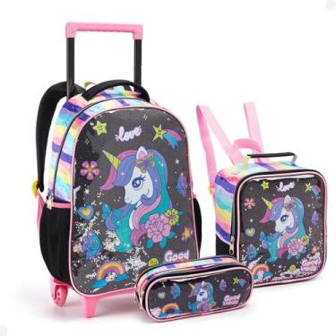 Imagem de Kit Escola Mochila Rodinha Lancheira Estojo Unicornio Gliter - SEANITE