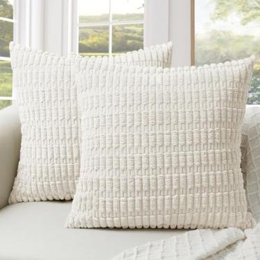 Imagem de Softalker Capas de almofada 50 x 50 cm, conjunto de 2, capa de almofada boho listrada macia de veludo cotelê, casa de fazenda, moderna, decorativa para sofá, quarto, sala de estar (branca)