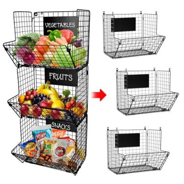 Imagem de Cestas de frutas para pendurar na parede GG de 3 camadas para organizar frutas e legumes, cesta de parede resistente para armazenamento com quadros-negros e ganchos em S, cesta de frutas para pendurar