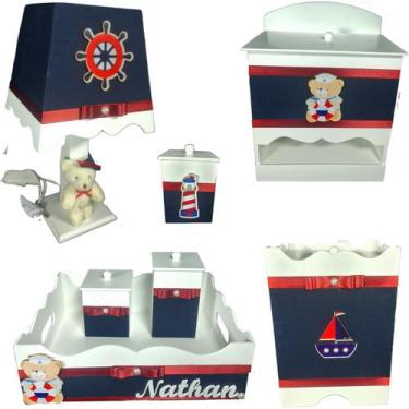 Imagem de Kit Higiene bebê Mdf menino 7 pçs - URSO MARINHEIRO AZUL MARINHO - Flo