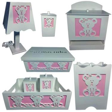 Imagem de kit higiene bebe mdf decorado 8pçs - URSINHA menina - Flores para Mari