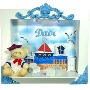 Imagem de Quadro Porta Maternidade Cenário Led  e nome - Urso marinheiro Azul BB