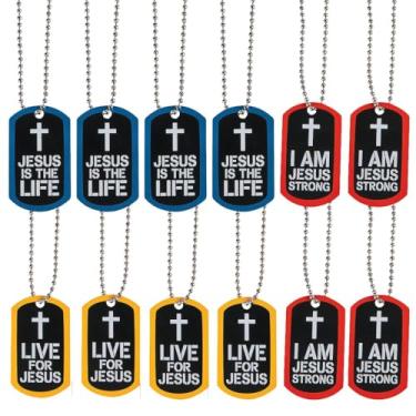 Imagem de Design sortido e cores Jesus Strong Metal Dog Tag Colares - 66 cm (pacote com 12) - Perfeito para festas temáticas, escola dominical e eventos VBS