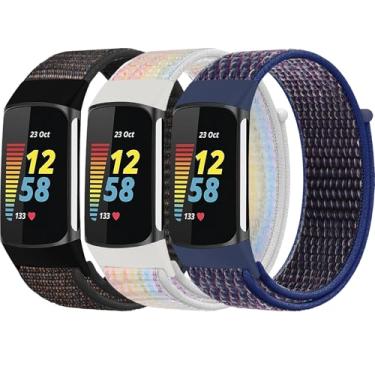 Imagem de QIEMUTER Pacote com 3 pulseiras de relógio de nylon compatíveis com Fitbit Charge 6/Fitbit Charge 5, pulseiras trançadas ajustáveis, pulseira elástica macia e respirável para Charge 6/Charge 5,