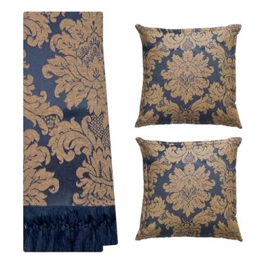 Imagem de Jogo Manta Xale para Sofá Artesanal com Franjas 1,40 x 3,00 com 2 Capas de almofadas (401 MARINHO E MARROM CLARO)