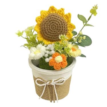 Imagem de YUNBIAOSEN Vaso de flores de girassol de crochê de tricô, mini decoração de mesa fofa para casa e presentes para amigos, colegas de classe, professores - presente de Natal, aniversário para mulheres,