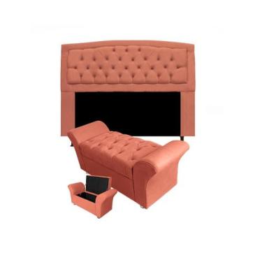 Imagem de Kit Cabeceira Geovana Com Baú Veneza Queen 160 cm Suede Coral - INCASA