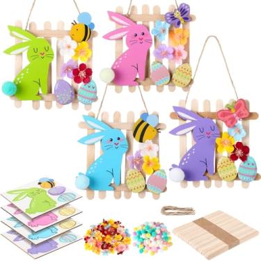 Imagem de Geelin Conjunto de 24 kits de artesanato de Páscoa, faça você mesmo, enfeites de borboleta de coelho de madeira com flores artificiais e bastão, arte artesanal de Páscoa para lembrancinhas de festa de