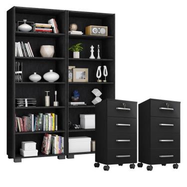 Imagem de Kit 2 Gaveteiros para Escritório Gávea com Chave e 2 Livreiros Office Preto Fosco – Móveis Leão