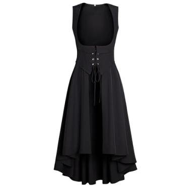 Imagem de Eunchaes Fantasia feminina renascentista medieval vestido camponês sob o busto pirata fada vestidos altos baixos com bolsos (Z3884BK, 3GG)