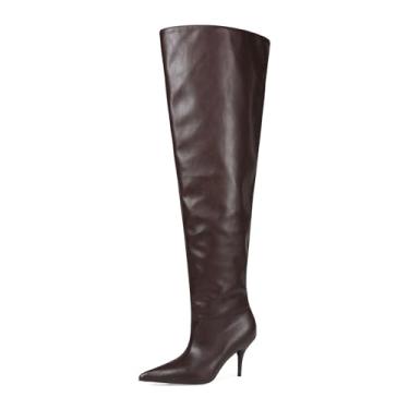 Imagem de CAGLGLZ Botas femininas de salto alto na panturrilha larga e cano alto, bico fino, preto, salto alto feminino, Marrom, 38