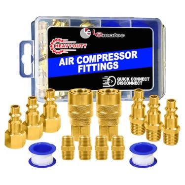 Imagem de LE LEMATEC Kit de montagem de mangueira de compressor de ar de 15 peças - Conexões de mangueira de ar de conexão rápida NPT de 1/10.2 cm, conectores de latão sólido, estojo de armazenamento incluído