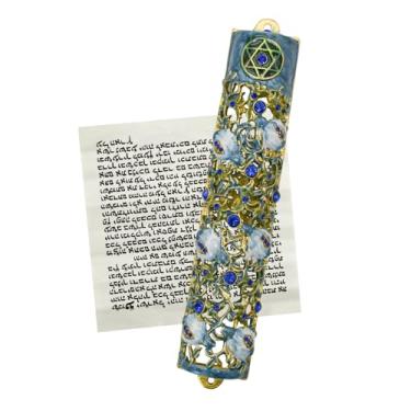 Imagem de MrMrKura Mezuzá com rolagem para porta, capa mezuzá de bênção de liga de zinco e esmalte para porta, mezuzha pintado colorido kosher para presentes judaicos/decoração judaica, Natal (branco e azul, 3