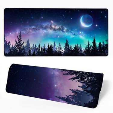 Imagem de Lua céu estrelado grande estendido Gaming Mouse Pad XXL Tapete de mesa para teclado e mouse, base de borracha antiderrapante com bordas costuradas para decoração de mesa de escritório, 90 x 40 cm