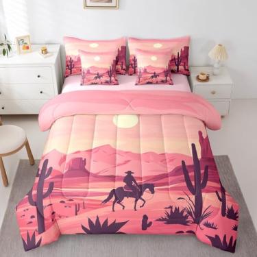 Imagem de Erosebridal Jogo de cama queen estilo ocidental rosa, caubói, cavalo, caubói, rústica, cacto, montanha, para meninas e crianças, lençol de cima, 7 peças