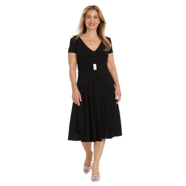 Imagem de R&M Richards Vestido elegante de manga curta e flare com detalhe de cintura de strass, Preto, 42