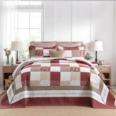 Imagem de Colcha King extragrande 100% algodão 325 x 304 cm - Colcha country vintage francesa leve - Conjunto de 3 colchas Super King - Jogo de cama floral xadrez reversível em bordô/bege/marrom-acinzentado