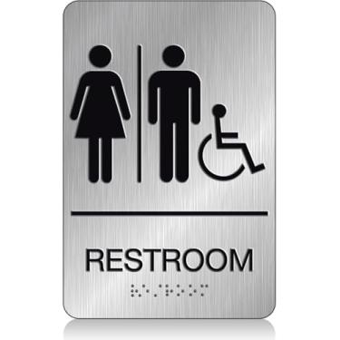 Imagem de DALLAHASEE Placas de banheiro unissex ADA Braille para negócios 23 x 15 cm - Pacote com 1 - Placa de banheiro unissex para deficientes em alumínio com fita dupla face forte 3M para escritórios e