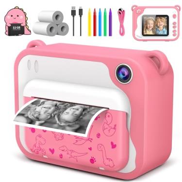 Imagem de Câmera infantil com impressão instantânea de dinossauro 1080p, impressão instantânea, para crianças de 3 a 12 anos, sem tinta, presente de aniversário para meninos e meninas de 3 a 12 anos (rosa)
